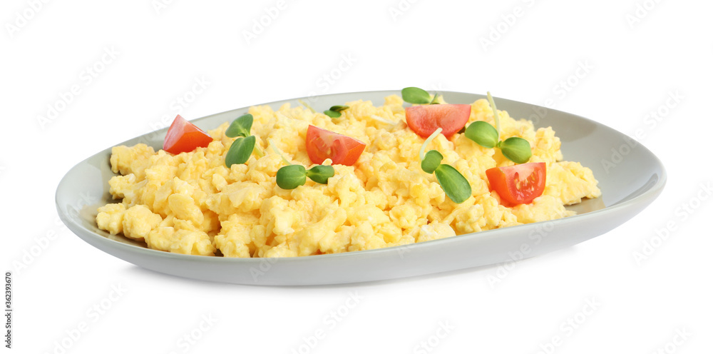 Tasty scrambled eggs with sprouts and cherry tomato isolated on white Tasty scrambled eggs with sprouts and cherry tomato isolated on white