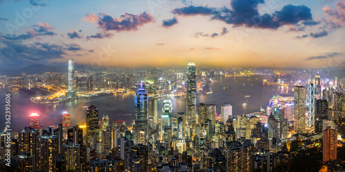 Photography Panorama view of Hong Kong skyline when sunrise seen from Victoria peak, Hong Kong, China