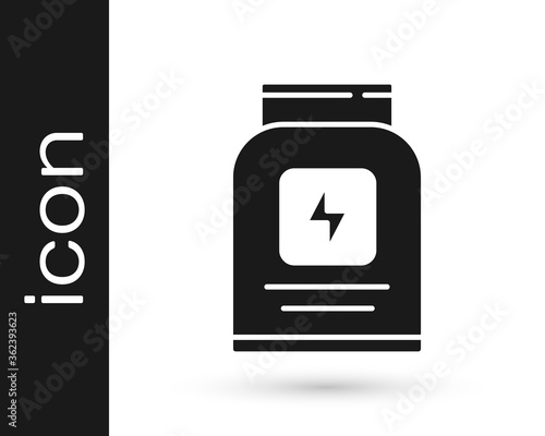 Black Sports nutrition bodybuilding proteine power drink and food icon isolated on white background. Vector.