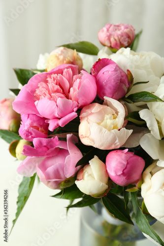 Fototapeta Naklejka Na Ścianę i Meble -  Bouquet of beautiful fresh peonies indoors, closeup