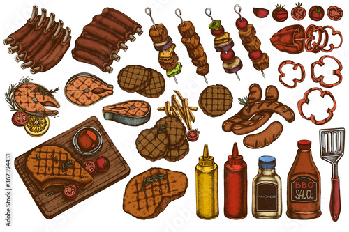 Vector set of hand drawn colored spatula, Pork ribs, kebab, sausages, steak, sauce bottles, grilled burger patties, grilled tomato, grilled salmon steak, grilled bell pepper