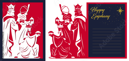 Laser cutting navity template. Three wise men manger card design. 3 magic kings bringing gifts to Jesus. Die cut art design. Happy Epiphany day card. Vector illustration.