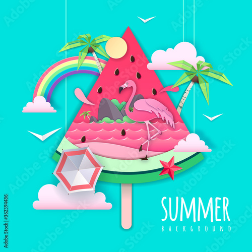 Slice of watermelon with sea or osean landscape and flamingo inside. Summer beach background. Cut out paper art style design. Origami