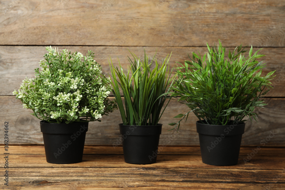 Fototapeta premium Artificial plants in black flower pots on wooden table