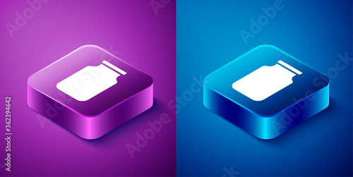 Isometric Glass jar with screw-cap icon isolated on blue and purple background. Square button. Vector.