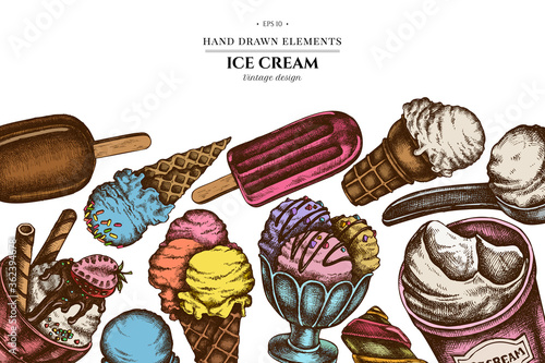 Colored elements design with ice cream bowls, ice cream bucket, popsicle ice cream, ice cream cones