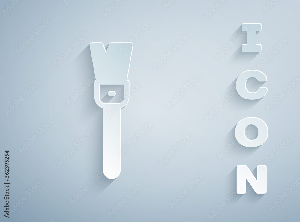 Paper cut Paint brush icon isolated on grey background. For the artist or for archaeologists and cleaning during excavations. Paper art style. Vector. Paper cut Paint brush icon isolated on grey background. For the artist or for archaeologists and cleaning during excavations. Paper art style. Vector.