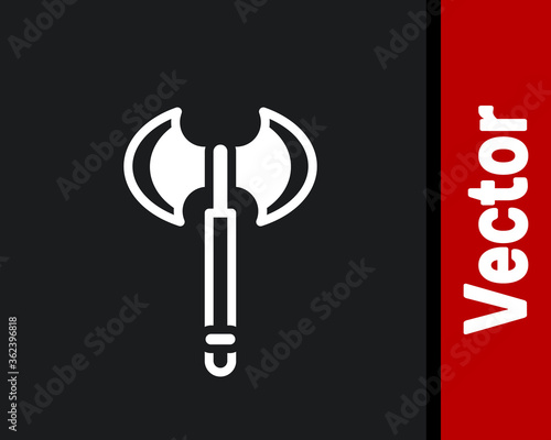 White Medieval axe icon isolated on black background. Battle axe, executioner axe. Medieval weapon. Vector.