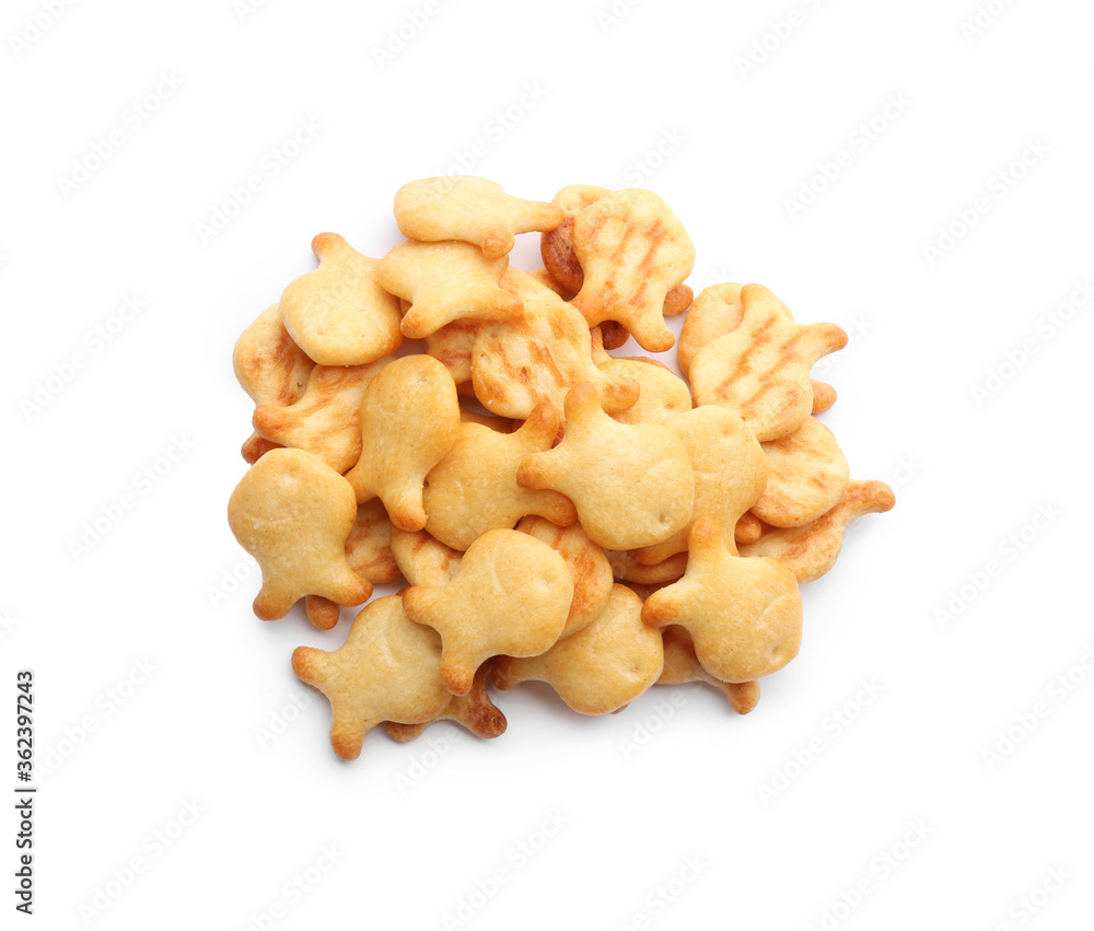 Delicious crispy goldfish crackers on white background, top view Delicious crispy goldfish crackers on white background, top view