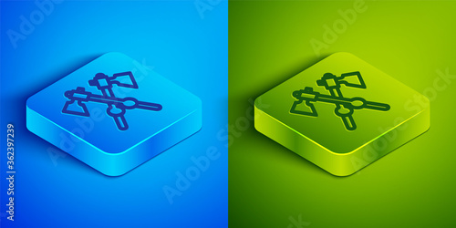 Isometric line Crossed medieval axes icon isolated on blue and green background. Battle axe, executioner axe. Medieval weapon. Square button. Vector.