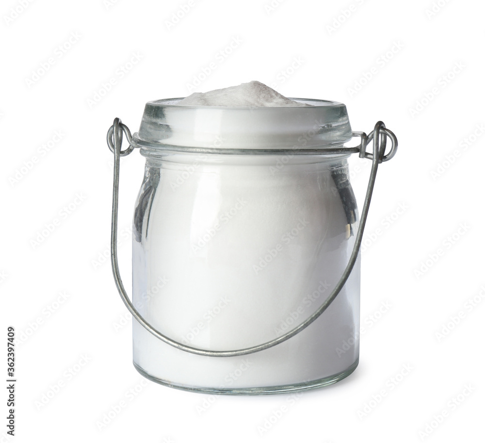 Jar with baking soda isolated on white