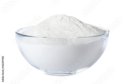 Bowl with baking soda isolated on white