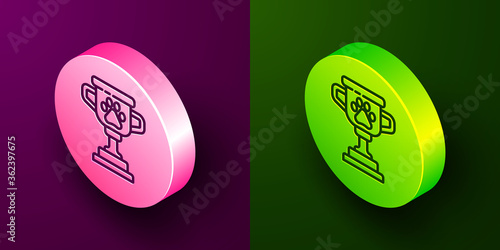 Isometric line Pet award symbol icon isolated on purple and green background. Medal with dog footprint as pets exhibition winner concept. Circle button. Vector.