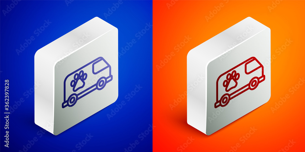 Isometric line Veterinary ambulance icon isolated on blue and orange background. Veterinary clinic symbol. Silver square button. Vector. Isometric line Veterinary ambulance icon isolated on blue and orange background. Veterinary clinic symbol. Silver square button. Vector.