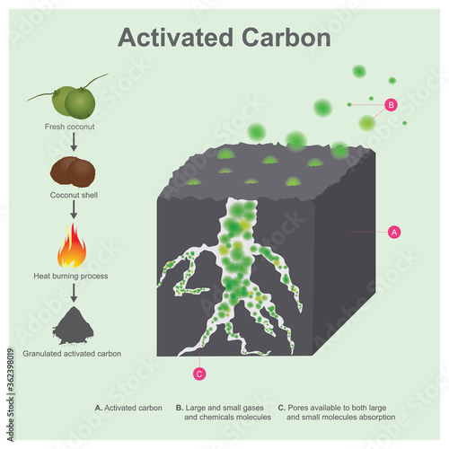 Activated Carbon. After coconut shell burning and grind into small pieces, the results an activated carbon, it have property absorb gases and smell..