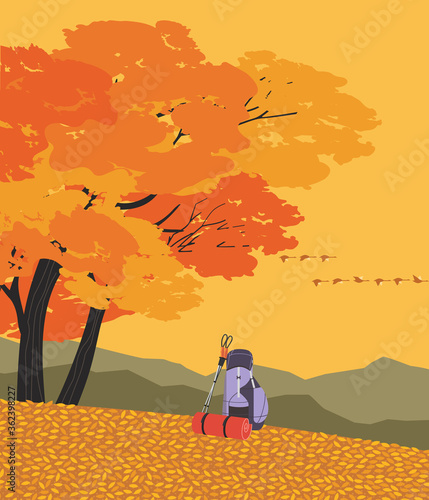 Autumn mountains hiking flat color vector poster
