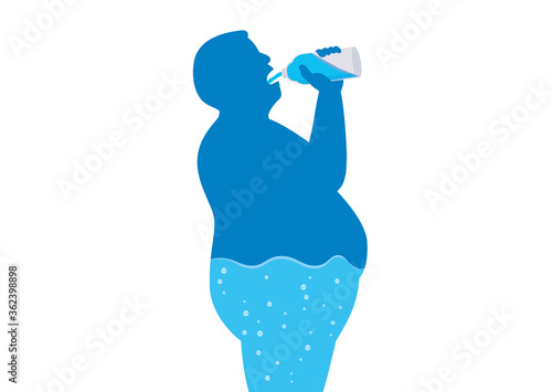 Silhouette of fat Man with water in his body lifting a water bottle and drinking to quench his thirst. Concept Illustration about energy and Appetite.