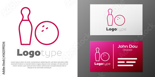Logotype line Bowling pin and ball icon isolated on white background. Sport equipment. Logo design template element. Vector.