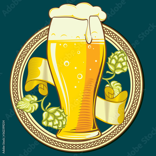Decorative emblem - glass of beer with hops