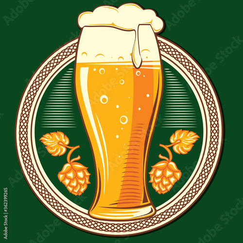 Decorative emblem - glass of beer with hops