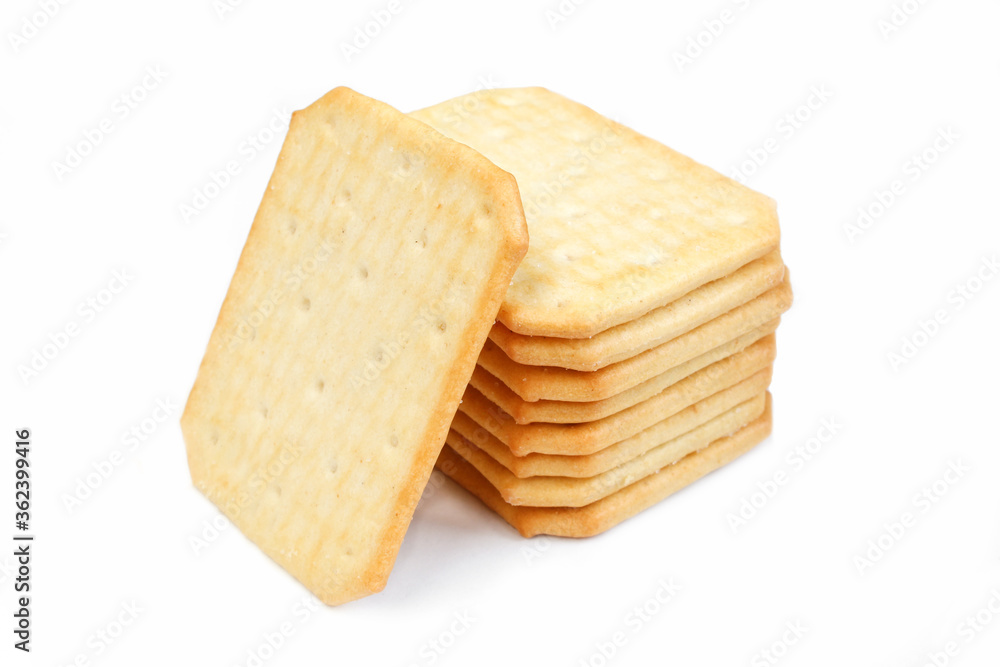 Group of dry crackers isolated on white background. Salty biscuit snack Group of dry crackers isolated on white background. Salty biscuit snack