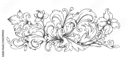 Baroque ornament. Border engraved filigree elements with leaves, vintage Victorian scroll decorative arabesque. Vector black and white image frame heraldic swirl for decor album pages