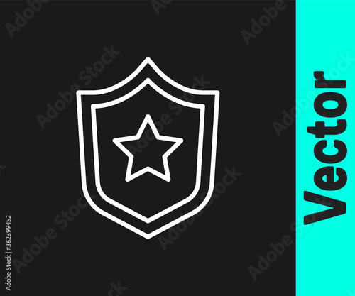 White line Police badge icon isolated on black background. Sheriff badge sign. Shield with star symbol. Vector.