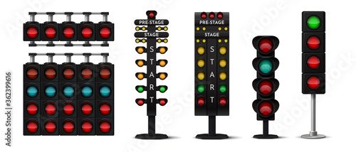Race light. Realistic street traffic and sport car challenge signs with green and red stop lights and arrows. Vector race competition 3d set on white background