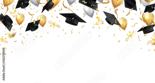 Graduation. Transparent background with realistic flying black degree caps confetti balloons and diplomas. Vector image school and university education banner with gold glitter on white background
