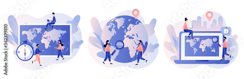 Geography concept. World map. Globalisation. Tiny people study atlas Earth. Modern flat cartoon style. Vector illustration on white background