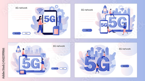 5G network wireless technology. Big letters 5g. Screen template for mobile smart phone, landing page, template, ui, web, mobile app, poster, banner, flyer. Modern flat cartoon style. Vector