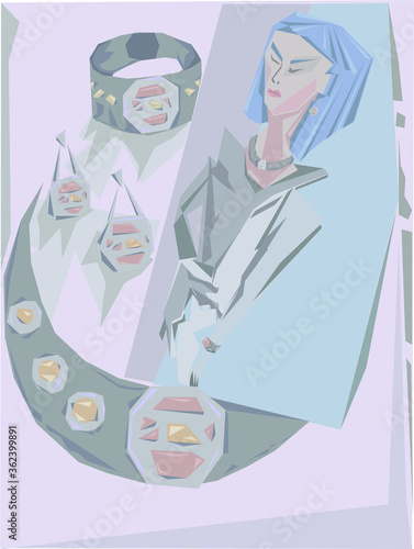 collection of jewelry and image of a girl in the cubist style