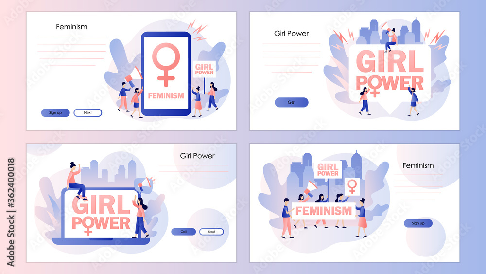 Girl power and feminism concept. Tiny women feminists. Screen template for mobile smart phone, landing page, template, ui, web, mobile app, poster, banner, flyer. Modern flat cartoon style. Vector