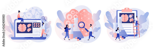 Neurology science and brain research concept. Tiny people study human brain and psychology. Head Tomography. Modern flat cartoon style. Vector illustration on white background