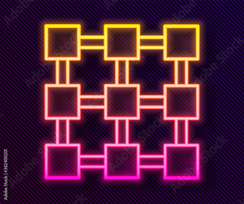 Glowing neon line Blockchain technology icon isolated on black background. Cryptocurrency data. Abstract geometric block chain network technology business. Vector.