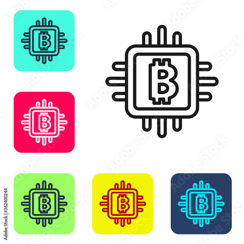 Black line CPU mining farm icon isolated on white background. Bitcoin sign inside processor. Cryptocurrency mining community. Digital money. Set icons in color square buttons. Vector.