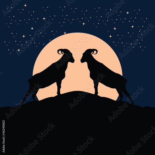 twins billy goat silhouette at the full moon night - goat, sheep, lamb logo emblem or button icon silhouette - mammal, animal vector icon