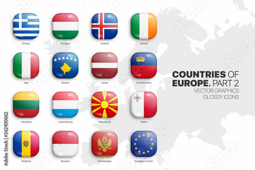 European Countries Flags Vector 3D Glossy Icons Set Isolated On White Background Part 2. Official National Flags Of Europe Square Vivid Bright Color Bulging Convex Buttons Collection On Light Backdrop © yamonstro