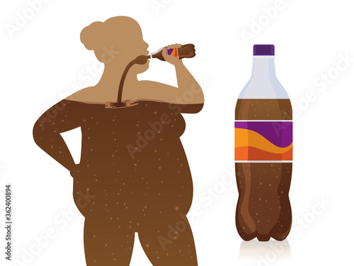 Chubby women drink soft drinks from bottle flow into the body with carbonated drinks bottle. Concept Illustration about an unhealthy lifestyle with artificial sweeteners of fizzy drinks.