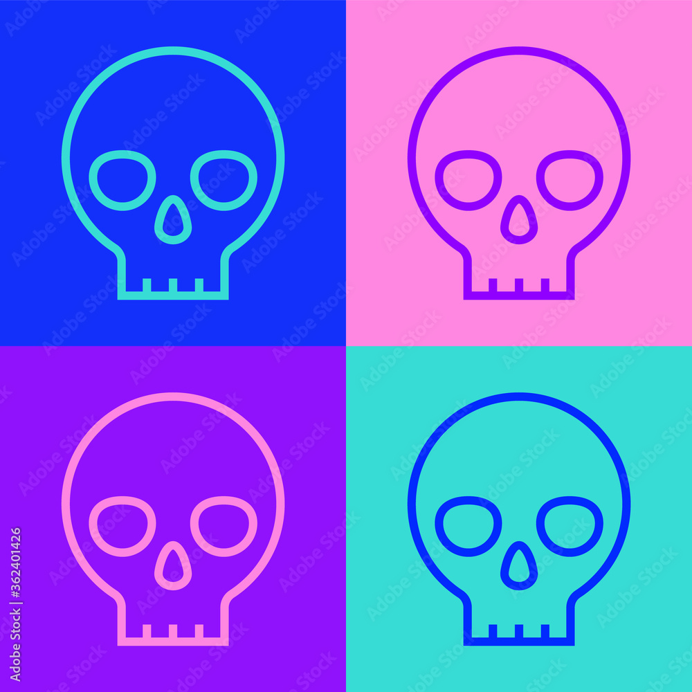Pop art line Human skull icon isolated on color background. Vector.