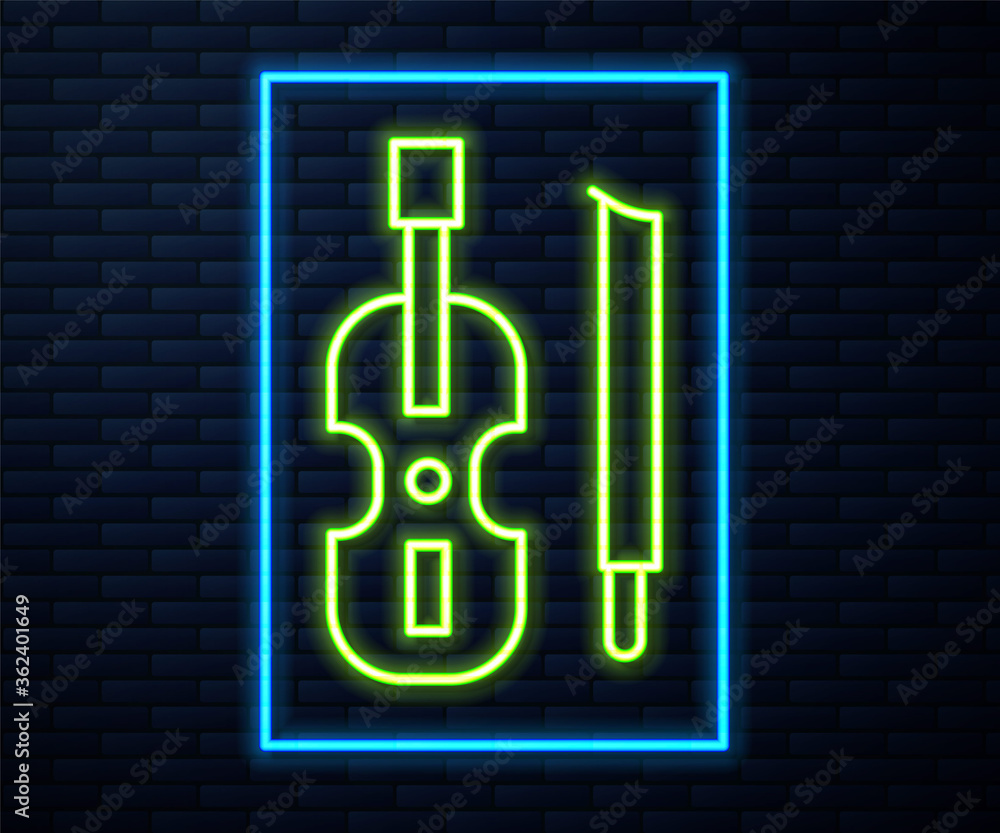 Glowing neon line Violin icon isolated on brick wall background. Musical instrument. Vector. Glowing neon line Violin icon isolated on brick wall background. Musical instrument. Vector.