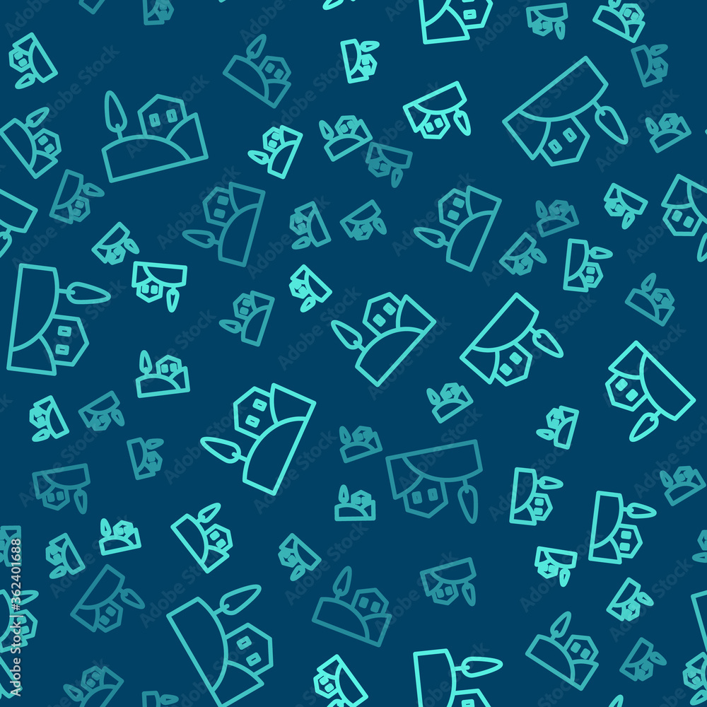 Green line Village landscape icon isolated seamless pattern on blue background. Vector. Green line Village landscape icon isolated seamless pattern on blue background. Vector.