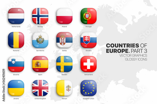 European Countries Flags Vector 3D Glossy Icons Set Isolated On White Background Part 3. Official National Flags Of Europe Square Vivid Bright Color Bulging Convex Buttons Collection On Light Backdrop Free Download European Countries Flags Vector 3D Glossy Icons Set Isolated On White Background Part 3. Official National Flags Of Europe Square Vivid Bright Color Bulging Convex Buttons Collection On Light Backdrop - GFXLoad