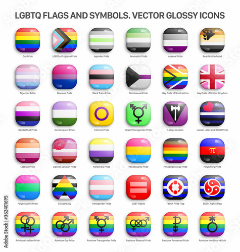 LGBTQ Pride Flags And Symbols 3D Vector Glossy Icons Set Isolated On White Background. Rainbow LGBT Community Design Elements Convex Buttons Collection On Light Backdrop