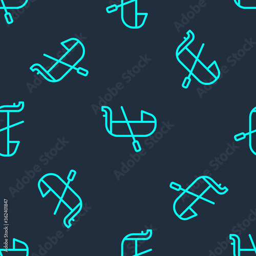 Green line Gondola boat italy venice icon isolated seamless pattern on blue background. Tourism rowing transport romantic. Vector.