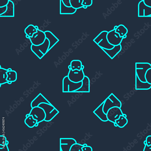 Green line Socrates icon isolated seamless pattern on blue background. Sokrat ancient greek Athenes ancient philosophy. Vector.