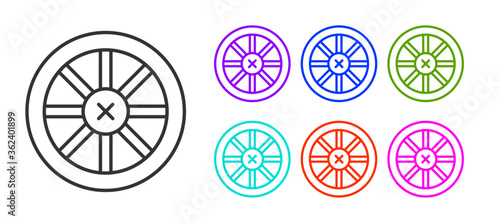 Black line Old wooden wheel icon isolated on white background. Set icons colorful. Vector.