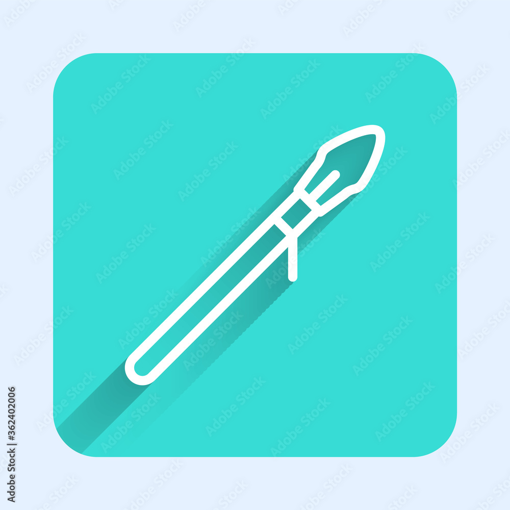 White line Medieval spear icon isolated with long shadow. Medieval weapon. Green square button. Vector. White line Medieval spear icon isolated with long shadow. Medieval weapon. Green square button. Vector.