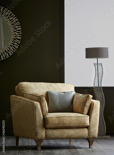Comfortable armchair with pillow in living room