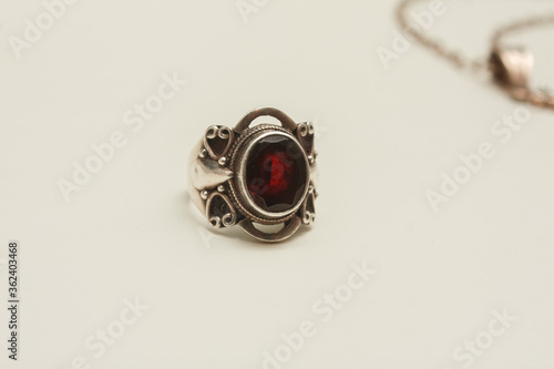 Silver set of earrings and rings with natural red garnet stone, pendant in the shape of a lizard with transparent zircon on a white background.